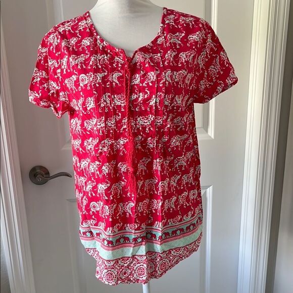 Caribbean Joe Dark Pink Elephant Print Women's Popover with Tassles NWOT SZ M - Picture 1 of 9